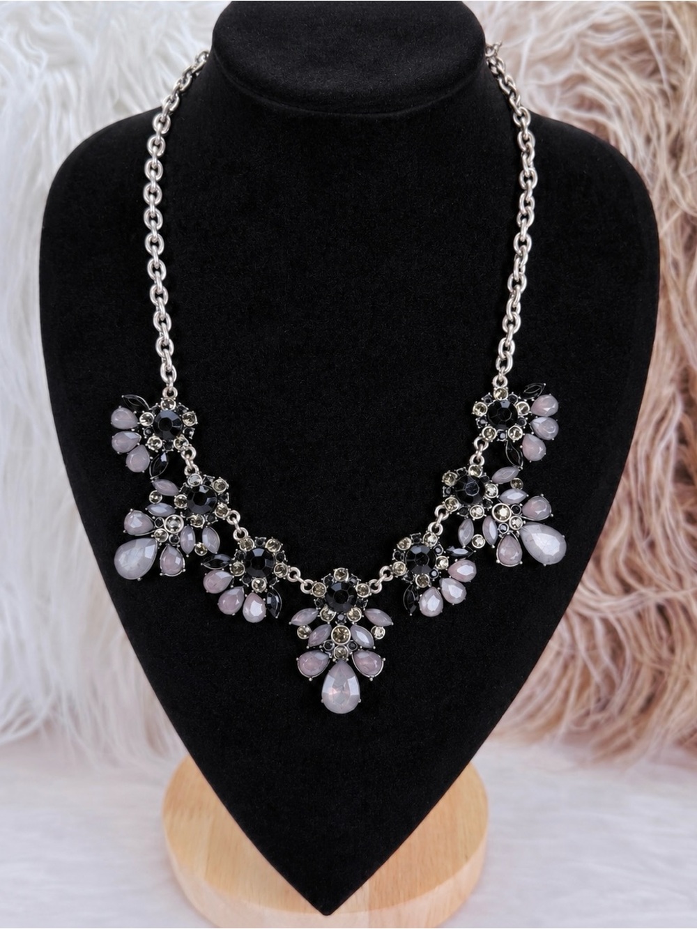 Black & Blush Floral Statement Necklace Faceted Bead Cluster